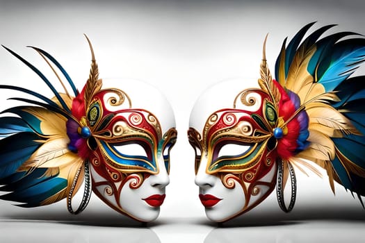Realistic luxury carnival mask with colorful feathers. Abstract blurred background, gold dust, and light effects. Generative AI.