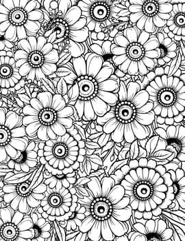 Flowers coloring spring and summer doodle ornament. Doodle coloring art with flowers and leaves black and white outline. Zentangle pattern for coloring book pages for adults and kids.