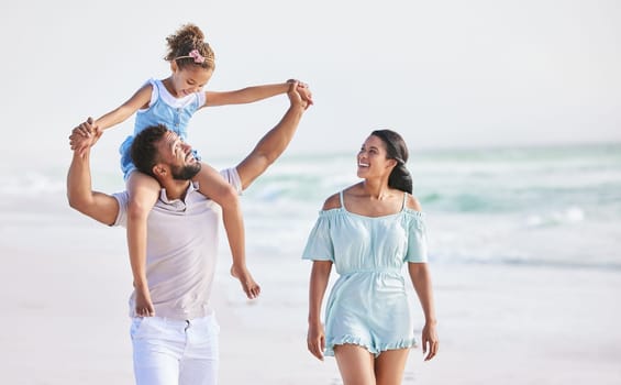 Holding hands, beach or parents walking with a happy kid for a holiday vacation together with happiness. Piggyback, mother and father playing or enjoying family time with a young boy or kid in summer.