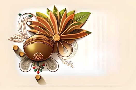 Happy ugadi greeting card background with kalash. Happy Ugadi holiday composition - Hindu New Year festival. Decorated Kalash with coconut, flowers, mango leaves and diya.