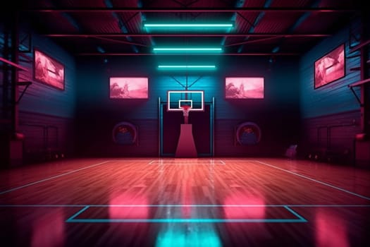 empty illuminated space indoor court room hallway neon background interior game night basketball net arena professional hall nobody bright stadium corridor modern. Generative AI.