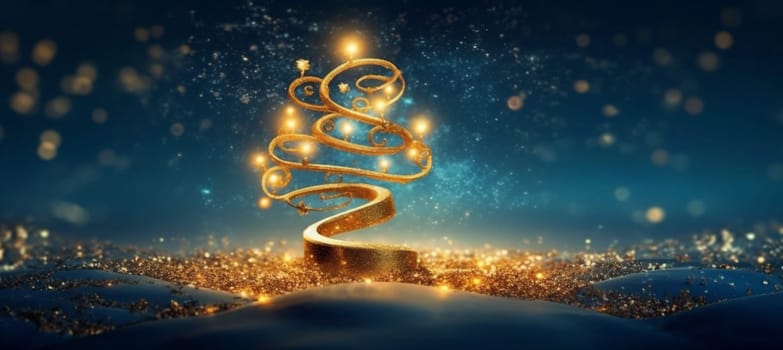bokeh blue toy tree greeting winter gold background white decorative happy shiny poster decoration christmas tree branch ball beautiful fir merry holiday. Generative AI.