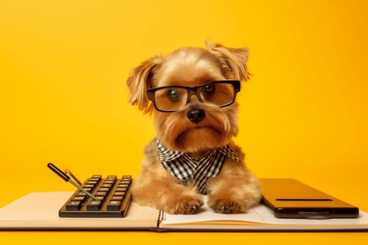 financial dog concept professional funny tax mathematic glasses accounting office yellow business computer adult pet finance animal technology background investment humor. Generative AI.