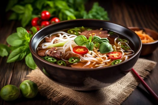 thai noodle chinese bowl japan space soup white meal broth asia dinner asian food vegetarian background japanese eating hot vegetable lunch. Generative AI.