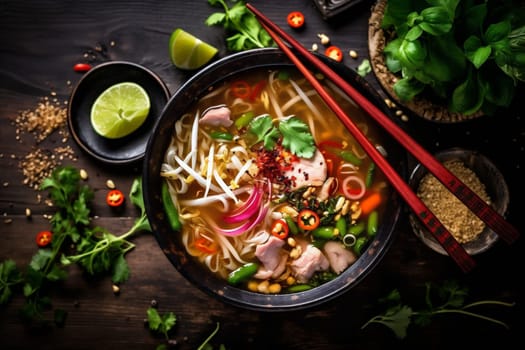 vegetable pak chinese noodle background white ramen dish vegetarian delicious asian asia soup hot fresh spicey japanese choi bowl food cookery meal. Generative AI.