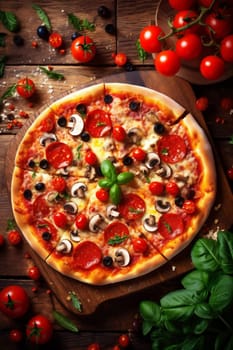 meal fast salami food hot food pepperoni copy herb cheese italian background cooked traditional top space dinner view black pizza italy tomato restaurant table. Generative AI.
