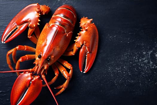 seafood snack lobster crawfish close-up cooked boiled crab claw text background food dark eat table freshness red crayfish fresh nutrition healthy. Generative AI.