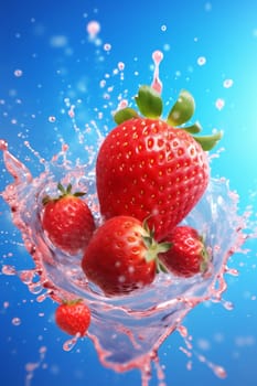 air bubble background fresh closeup food freshness organic blue red vitamin strawberry splash blue tasty healthy water isolated azure raw fruit. Generative AI.