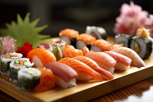 tuna background top health black japanese vegetable chopstick set close roll plate up meal sushi rice japan fresh seafood fish food. Generative AI.