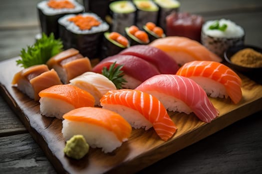 roll fresh wooden top vegetable seafood japanese delicacy tuna japan meal sushi rice sashimi view black sauce set fish food. Generative AI.