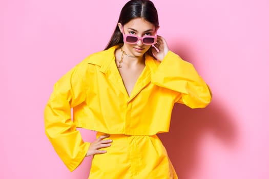 woman person stylish model yellow sunglasses beauty background joy girl lifestyle attractive female creative lovely fashion trendy young happiness funny beautiful