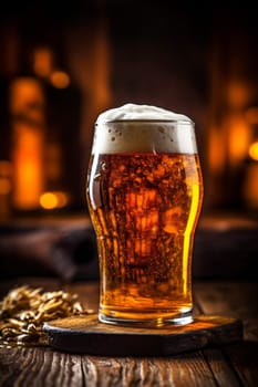 light froth beer pub macro lifestyle beverage alcohol brewed transparent glass gold celebration pint table up foam drink full lager close. Generative AI.