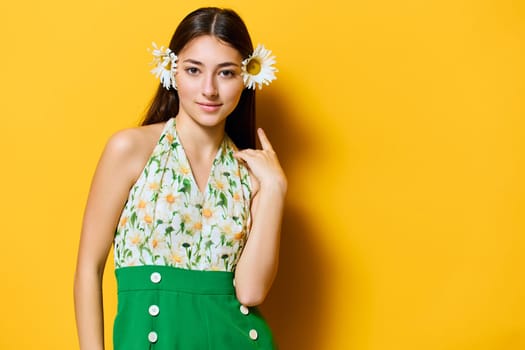 slim woman yellow beauty fashion flower pretty style camomile young beautiful portrait stylish caucasian studio isolated person fun happy face lady