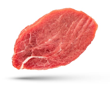 A piece of beef. Large piece of beef with thin layers of fat, isolated on a white background. The texture of beef meat close-up, for inserting into a design, project or advertising banner