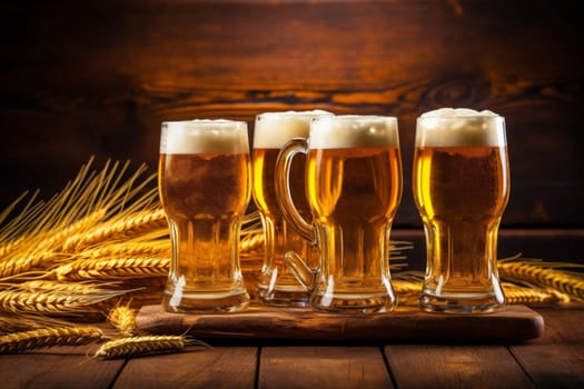 full beer drink close hop pub foam celebration glass golden pint table alcohol lager gold up brewery cold light beverage group. Generative AI.