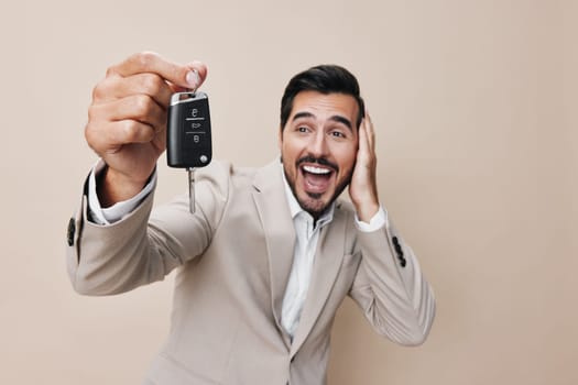 man driving buy isolated mockup locking smile system service auto safety alarm holding key male driver car business purchase beard hand