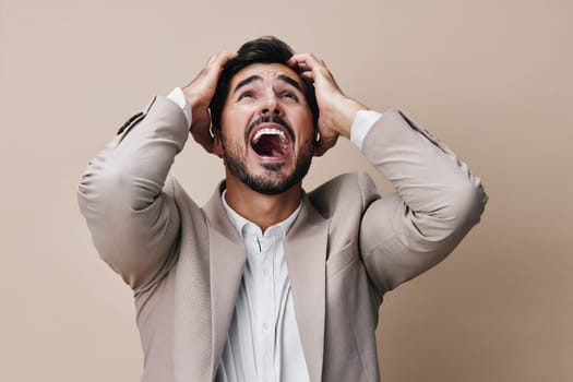 man suit work mouth businessman adult open boss screaming emotion guy crazy entrepreneur business trouble shout hand male sad angry scream studio