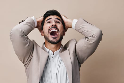 man male sad crazy screaming trouble scream portrait professional angry boss adult yell work businessman stress suit frustrated business gesture background