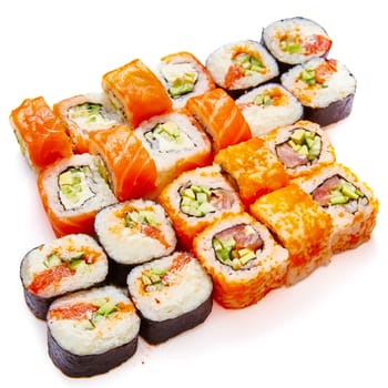 Set of sushi roll with salmon, avocado, cream cheese, cucumber, rice, tuna on white background.