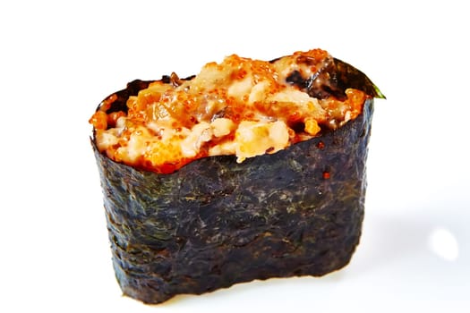 Spicy gunkan maki sushi with salmon isolated on white.