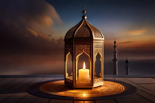 Ornamental Arabic lantern with burning candle glowing . Festive greeting card, invitation for Muslim holy month Ramadan Kareem. Ramadan Kareem greeting photo with serene mosque background.