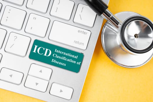 International Classification of Diseases and Related Health Problem 10 Revision or ICD-10 and stethoscope medical on computer keyboard.