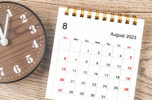 August 2023 Monthly desk calendar for 2023 year with clock.