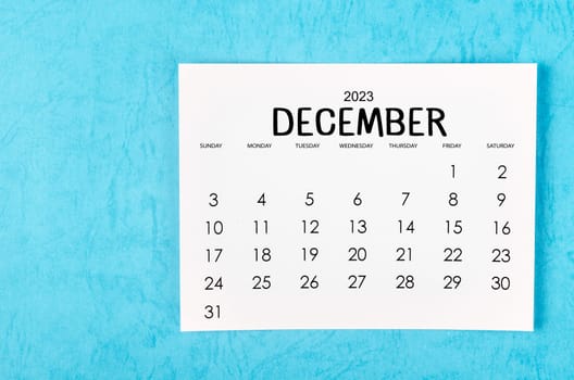 Decmber 2023 Monthly calendar for 2023 year on blue background.