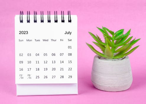 July 2023 Monthly desk calendar for 2023 year with plant pot on pink background.