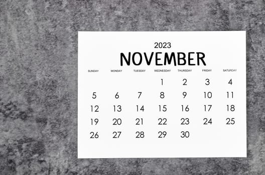 November 2023 Monthly calendar for 2023 year on grunge background.