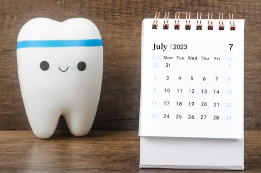 July 2023 Monthly desk calendar for 2023 year with Model tooth on wooden table.