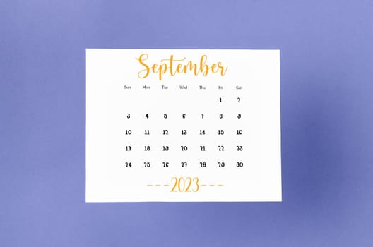 September 2023 Monthly calendar for 2023 year on purple background.