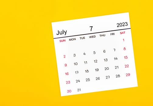 July 2023 Monthly calendar for 2023 year on yellow background.