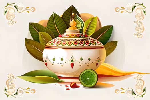 Happy ugadi greeting card background with kalash. Happy Ugadi holiday composition - Hindu New Year festival. Decorated Kalash with coconut, flowers, mango leaves and diya.