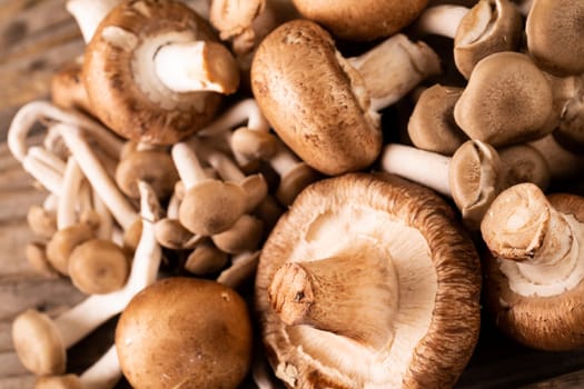 Close-up of fresh brown mushrooms and small mushrooms on table. unaltered, fungus, healthy food, raw food and organic concept.