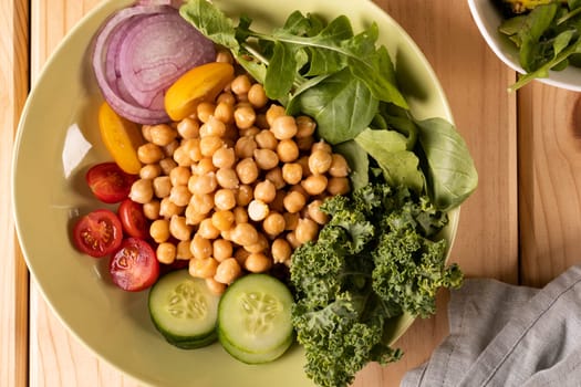 Overhead view of fresh healthy breakfast in bowl on table, copy space. unaltered, food, healthy eating.