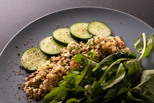 Close-up of healthy food in plate on table, copy space. unaltered, food, healthy eating, organic.