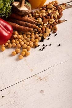 Close-up of various healthy food and ingredients on table, copy space. unaltered, food, preparation, healthy eating.