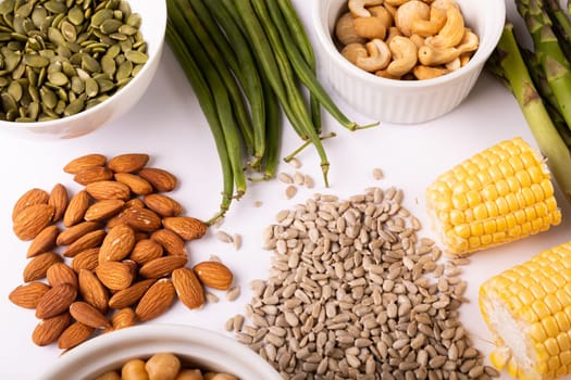 High angle view of healthy food and ingredients arranged on table, copy space. unaltered, food, preparation, healthy eating.