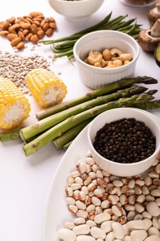 High angle view of various healthy food with ingredients arranged on table, copy space. unaltered, food, preparation, healthy eating.