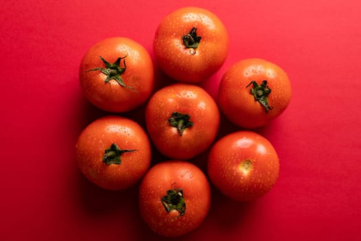 Overhead view of fresh red tomatoes with water drops arranged on colored background. unaltered, food, healthy eating, organic concept.
