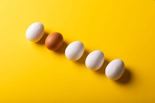 High angle view of brown and white eggs arranged side by side on yellow background with copy space. unaltered, food, healthy eating concept.