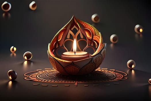 3D rendering indian lamp for diwali celebration on soft background ethereal. Colorful particle effects in the background. Gold filigree on a indian lamp. AI-generated Digital Art