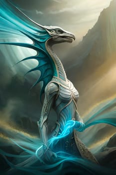 Xenomorph Alien. A dragon with blue wings and a blue body stands in front of a mountain. Digital painting illustration