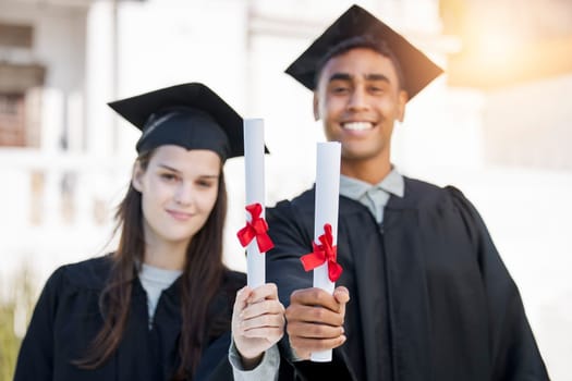 Graduation portrait, diploma and couple of friends in college, education success and achievement or scholarship. Award, certificate and graduate, university students or face of people for study offer.