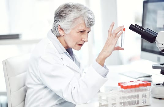 The consistency looks about right. a focused elderly female scientist holding up a test tube and examining it while being seated inside a laboratory