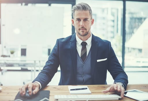 Ready for business. Bring it. Portrait of a mature businessman using a computer at his desk in a modern office