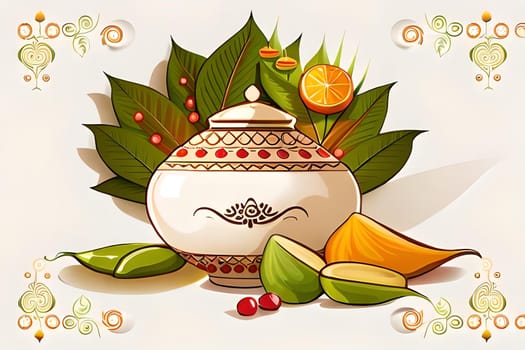 Happy ugadi greeting card background with kalash. Happy Ugadi holiday composition - Hindu New Year festival. Decorated Kalash with coconut, flowers, mango leaves and diya.