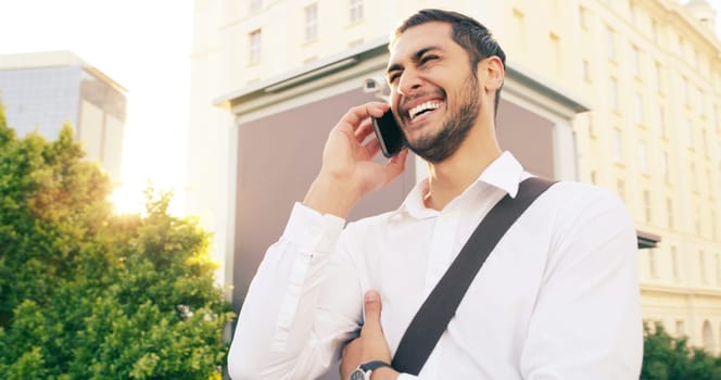 Phone call, business man and laughing in city, talking and speaking to contact. Cellphone, funny and happy male professional in urban street for discussion, communication and comedy or joke outdoor.