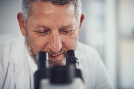 The answers can all be found under the microscope. a mature scientist using a microscope in a laboratory